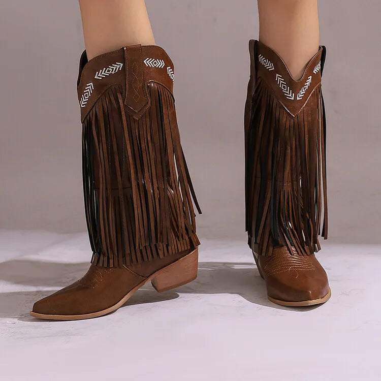 Fringe Western Boots Pink Sweet Embroidered Boots Brown Tassels Block Medium Heels Shoes Plus Size 48 Lady